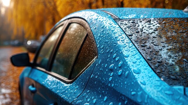 Hail strikes the roof of a blue vehicle