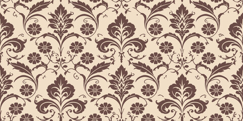 Obraz premium Classic Damask Pattern: An intricate and timeless damask pattern, featuring ornate floral motifs and scrolling acanthus leaves in rich brown against a soft beige background.