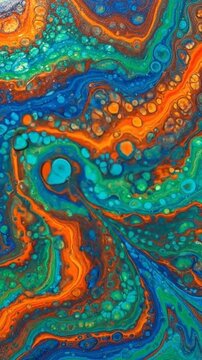 Vibrant abstract fluid art painting with swirling blue, orange and green colors