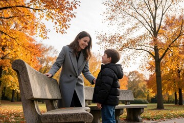 Fototapeta premium Mother and son talk in autumn park near stone bench. Vibrant orange leaves on trees create backdrop for happy family bonding. Boy smiles at woman during fall day.