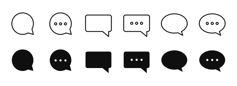Speech bubble message icon set in outline and filled styles. Communication or chat symbols. UI app interface. Talk elements. Social media comment icons. Vector illustration