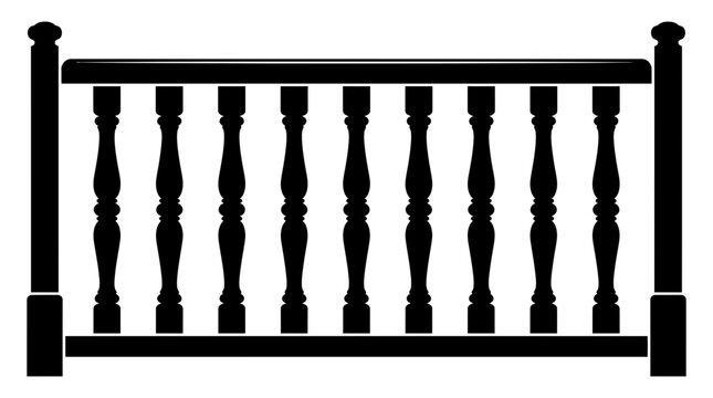 Black railing silhouette against a white background decorative balusters visible