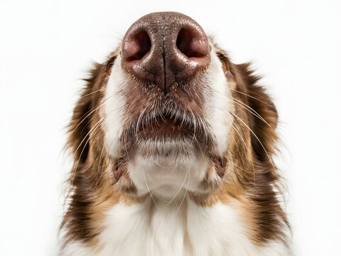 Close up of a dog nose and snout, funny pet portrait on white background