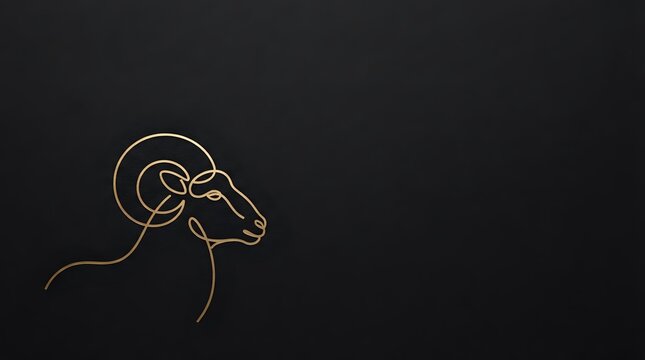 Minimalist gold line art of a ram head with curved horns on dark