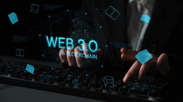 Hands Typing on Keyboard Featuring Web 3.0 and Blockchain Technology with Digital Graphics and Abstract Elements in a Modern Workspace. Entropy.