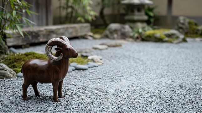 Brown ram with curved horns standing on gravel path in zen garden