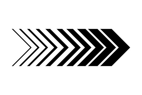 Black chevron arrow icon with a speed motion effect consisting of multiple parallel lines