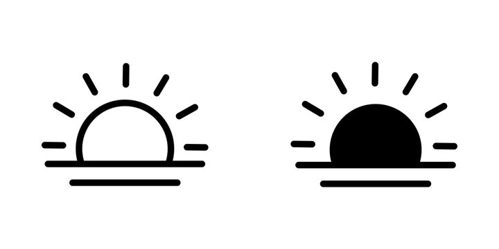 Black and white sunrise and sunset sun icon set for weather and time interface design elements