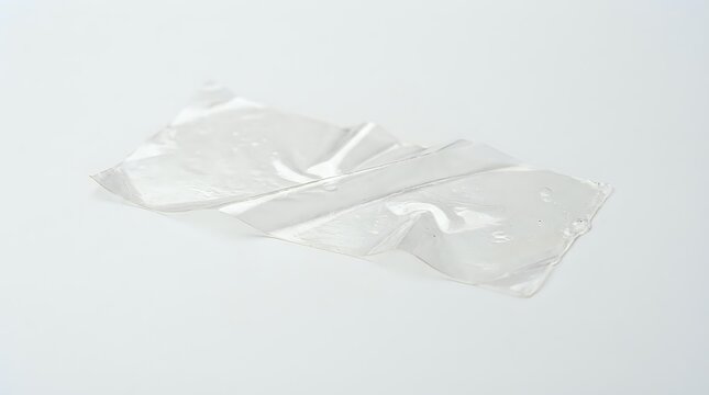 Transparent plastic wrap or cellophane sheet crumpled on white surface