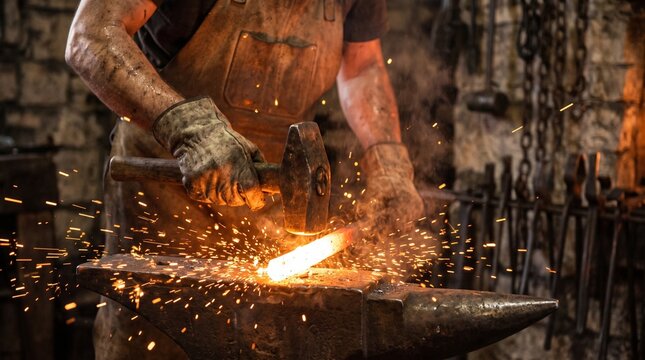 Traditional blacksmith forging glowing hot metal on an anvil in a workshop with glowing iron, blacksmith