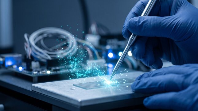 Electronic technician soldering a precision circuit board in a lab with electronic parts, precision work