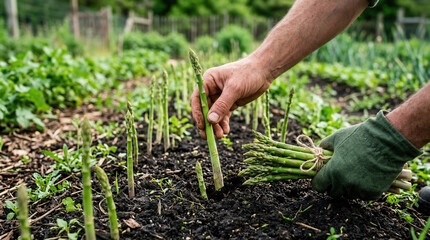 Fototapeta premium Fresh Asparagus Harvest In A Garden By Hand