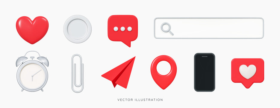 3D Social media icon set emoji. Online communication and web elements. Speech bubble with like. Phone, search bar and office stationery. Digital marketing. 3D Vector illustration collection