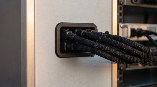 Group of black Ethernet cables plugged into a server port with high-speed Ethernet network cables