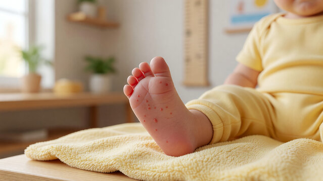 Toddler foot showing viral rash lesions in pediatric clinic, hand-foot-and-mouth disease diagnosis and medical education