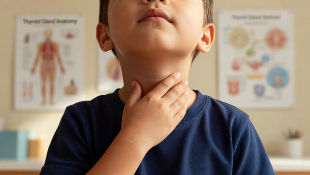 Child hand touching throat for thyroid examination in clinic, pediatric endocrinology and medical checkup