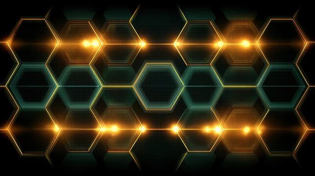 Abstract hexagonal pattern with glowing golden lights and dark background, creating a modern digital design, ideal for technology and futuristic themes