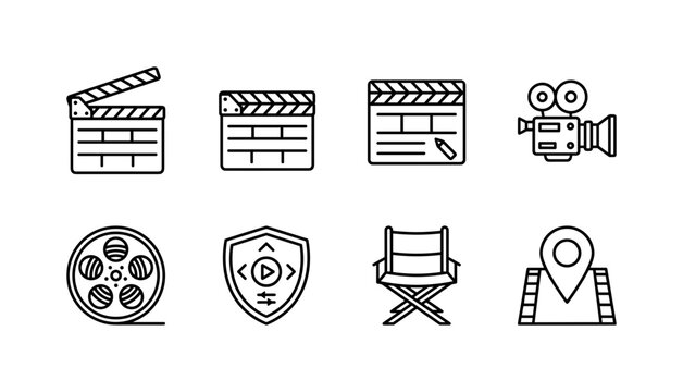 Movie Clapperboards Set, line icon set featuring open clapperboard, closed clapperboard, film slate, cinema camera, film reel, video production badge, director board and movie scene marker, covering