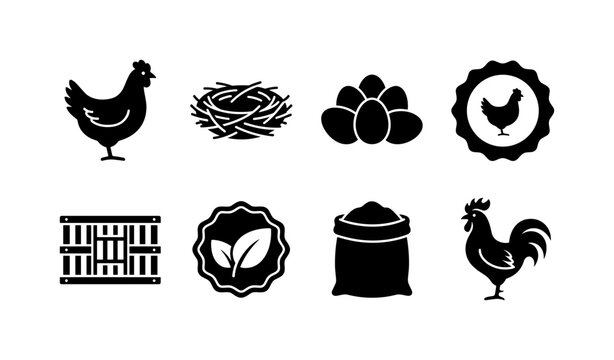 Chicken Farm Labels, solid glyph icon set featuring hen, nest, eggs, farm badge, poultry crate, organic label, grain sack, covering poultry farming, eggs, organic food, farm markets, packaging,