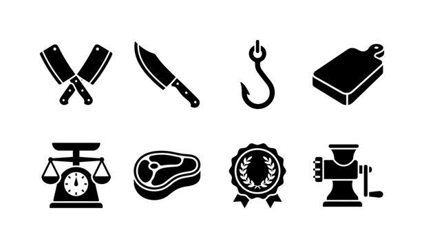 Meat Market Tools, solid glyph icon set featuring crossed cleavers, butcher knife, meat hook, chopping board, kitchen scale, steak cut and market badge, covering butcher shops, food retail, meat