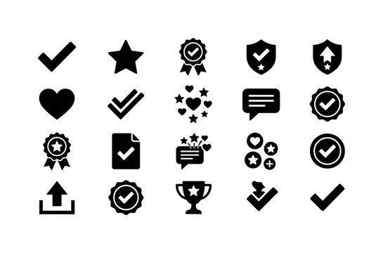 Positive Like Symbols, solid glyph icon set featuring approval badge, like button, check mark, success star, positive vote, best badge, confirmation symbol, social reaction, quality mark, accepted
