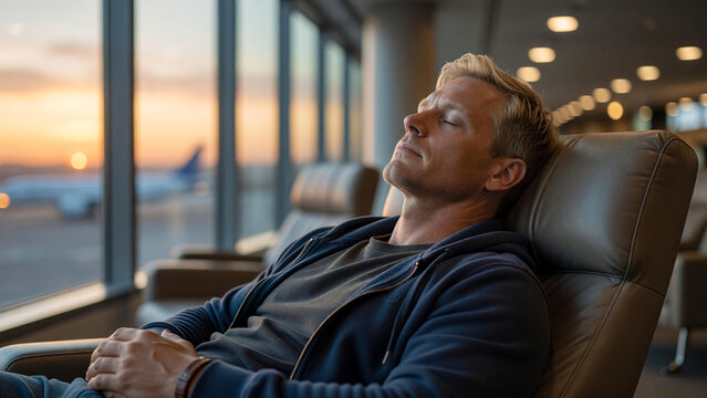 Man napping peacefully in reclining chair at airport terminal during sunset, travel fatigue and comfortable layover