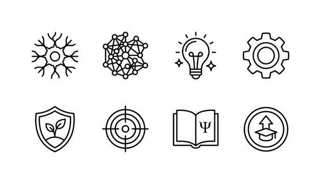 Mind Brain Concepts, line icon set featuring neural node, brainstorm cloud substitute network cluster, idea bulb, cognition gear, mental health shield, awareness eye substitute focus target,