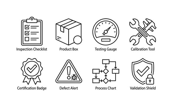 Quality Control Tools, line icon set featuring inspection checklist, product box, testing gauge, calibration tool, certification badge, defect alert, process chart and validation shield, covering
