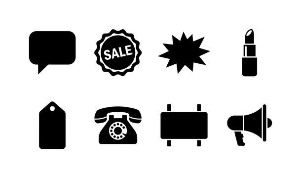 Pop Art Advertising, solid glyph icon set featuring speech bubble, sale badge, comic burst, lipstick, fashion tag, vintage phone and announcement panel, covering retro advertising, pop art, beauty,