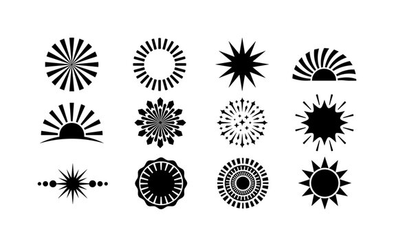 Sunburst Ray Badge Collection, solid glyph icon set featuring radial sunburst, circular rays, starburst, retro sunbeam, sunrise rays, geometric burst, decorative shine, label burst, light flare