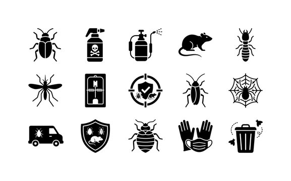 Pest Control Services, solid glyph icon set featuring insect, pesticide bottle, spray, rat, termite, mosquito, trap and target badge, covering pest control, extermination, household protection and