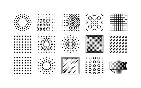 Comic Halftone Fades, line icon set featuring dotted circle, gradient dot field, comic fade, polka pattern, pixel transition, stipple border, radial dots, manga screen, perforated grid, halftone