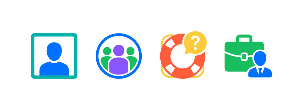 User Support Profiles, bright flat vector icon set featuring profile tile, group badge, support icon, ID card, team symbol, business account, management badge, covering user profiles, support,