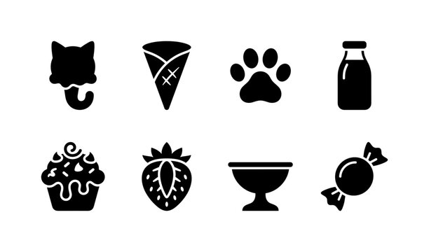 Kawaii Dessert Cats, solid glyph icon set featuring cat-shaped ice cream scoop, waffle cone, paw print, milk bottle, chocolate topping, fruit slice, dessert bowl and candy, covering cute desserts, pet