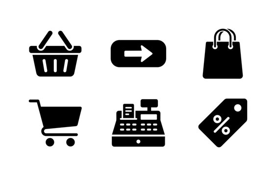 Shopping Basket Collection, solid glyph icon set featuring shopping basket, buy button, grocery bag, cart, checkout symbol and sale tag, covering ecommerce, retail, grocery and online shopping,
