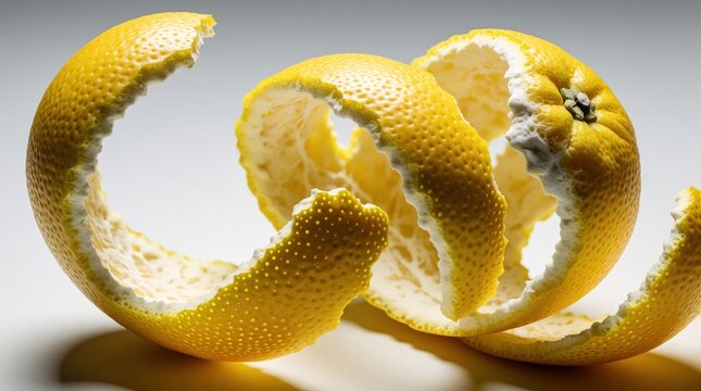 Peeled citrus fruit, yellow rind spiraled with textured skin and white pith. Ripe orange segment shows rough surface, food preparation element for recipes or zest.