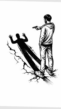 Concept art of a person holding another at gunpoint revealing a dark shadow