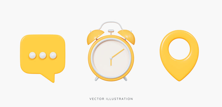 3D Social media emoji icon set. Yellow speech bubble message, alarm clock and location pin. Online communication. Office or business elements. Address, time and chat. 3D Cartoon vector illustration