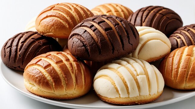 A plate holds sweet bread pan dulce. Assortment of baked goods includes chocolate and vanilla conchas. Ideal for breakfast or dessert treats.