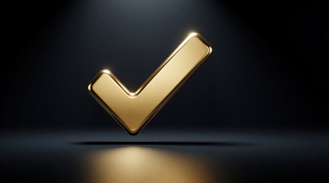 Golden check mark icon signifies success, approval, and agreement. Shiny metallic symbol offers positive validation on dark background for business or web.