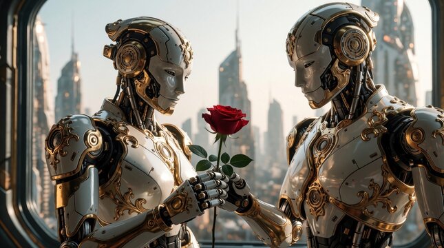 Two ornate robots in futuristic city share red rose. One robot offers flower to another, metallic figures with gold accents stand before skyscraper skyline. Artificial intelligence romance.