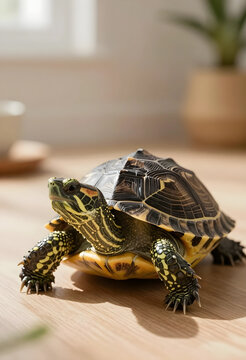 Small pet turtle with a patterned shell and yellow markings walking on a wooden floor indoors, the reptiles head is extended, revealing its detailed facial features and watchful eyes