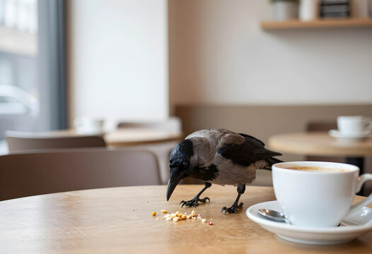 Hooded crow eating spilled food on a cafe table next to a coffee cup, urban wildlife and human interaction, a white coffee cup with a saucer and spoon sits nearby