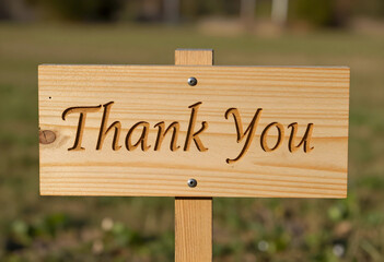 Obraz premium Wooden thank you sign with carved letters on a post, gratitude and appreciation in a natural outdoor setting, the sign stands outdoors in a natural setting with a blurred green background