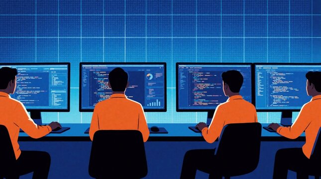 Four programmers in orange shirts work on computers in dark office. Team of developers write code on large screens with data charts. Tech specialists manage software programming, digital system