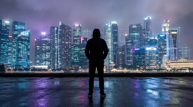 A solitary hooded figure standing before a futuristic cyberpunk city skyline with glowing digital grid overlays and reflections on a wet asphalt surface at night