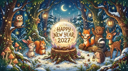 Fototapeta premium Woodland Animals Celebrate New Year 2027 with Crystal Ball