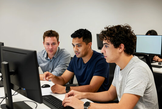 Diverse group of male students collaborating on a computer project in a modern classroom setting, One student points at the screen, indicating discussion and teamwork