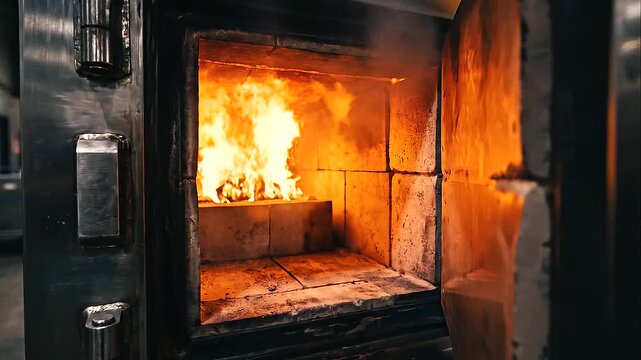 Clean industrial crematorium furnace interior with open door showing intense glowing flames. Advanced technology machine for high-temperature thermal process, incineration, and cremation services