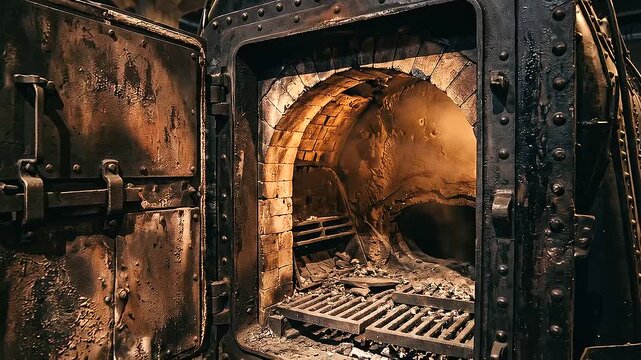 Powerful view of an industrial cremation chamber with its retort open, glowing from inner heat and precision engineering, symbolizing mortality, finality